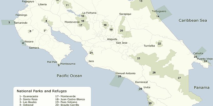 The following is a map of the national parks in Costa Rica.