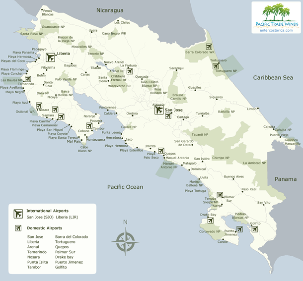 Map with Costa Rica Airports