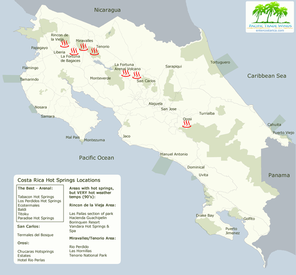 This is a map of the most popular hot springs in Costa Rica.