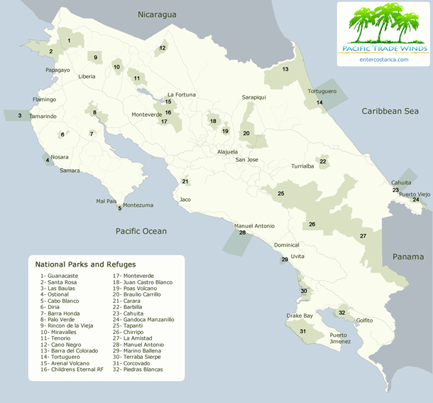 This is a map of Costa Rica national parks.