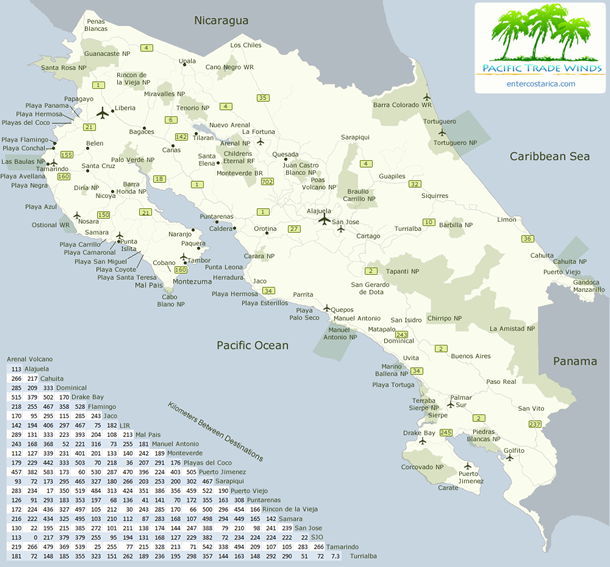 This map of Costa Rica show the distances between tourist destinations.