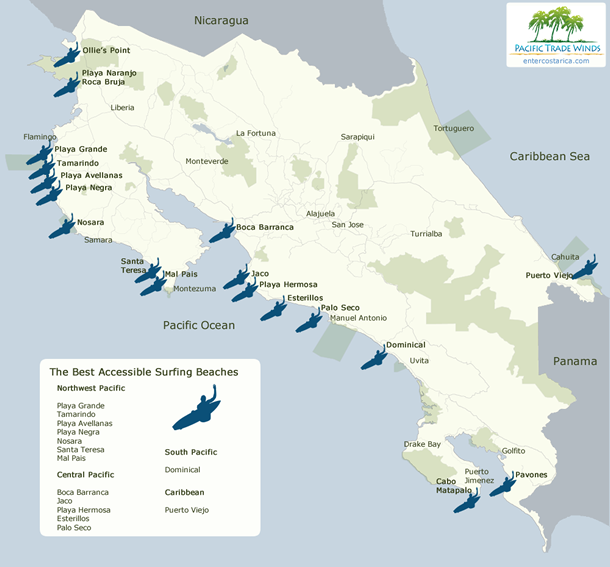 This is a map of the best places to surf in Costa Rica.