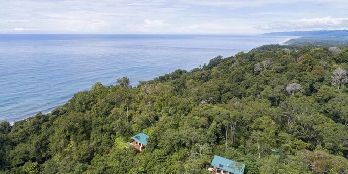 Perched overlooking the Pacific Ocean surrounded by jungle, El Remanso Rainforest Wildlife Lodge is a high-end eco-lodge on a private reserve in the Osa Peninsula. Featuring separate bungalows and villas, or individual well-appointed rooms with private entrances and baths inside a beautiful 2 story house, this lovely lodge can easily accommodate a wedding party of up to 30 people. The hotel property includes 5 miles of hiking trails, deserted beaches, canyons, and 8 waterfalls with natural pools all found on the premises. Also available for an extra charge are onsite adventures such as ziplining, canyoning through waterfalls, hanging bridges, birdwatching tours and guided night hikes. Breakfast is included and the beautiful bamboo restaurant built above a canyon offers breathtaking views and sustainably sourced international and local cuisine for lunch and dinner as well. El Remanso has a stellar sustainability program including a solar filtered pool with ionized water. Perfect for honeymooners or families seeking a wilderness experience with lots of natural wildlife viewing opportunities.
