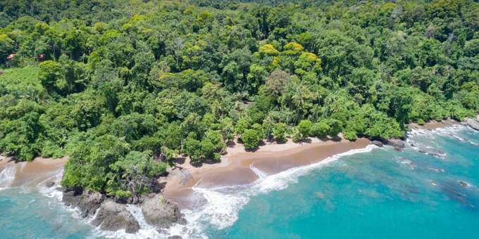 A aerial view of Drake Bay coastline.