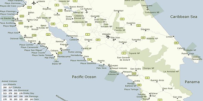 This map of Costa Rica demonstrates the driving distances between most popular destinations.