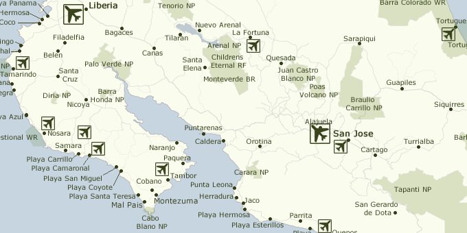This Costa Rica airport map shows each of the international airports in Costa Rica as well as the domestic airports and airstrips used by Sansa and Nature Air.
