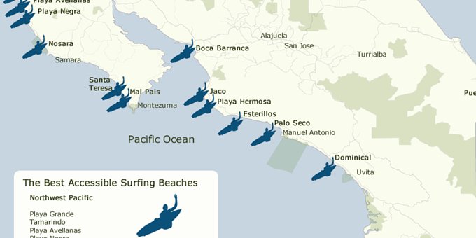 This map displays the best surfing beaches in Costa Rica.