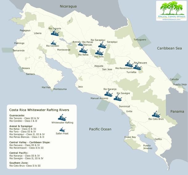 This map displays the best locations for whitewater rafting in Cost Rica.