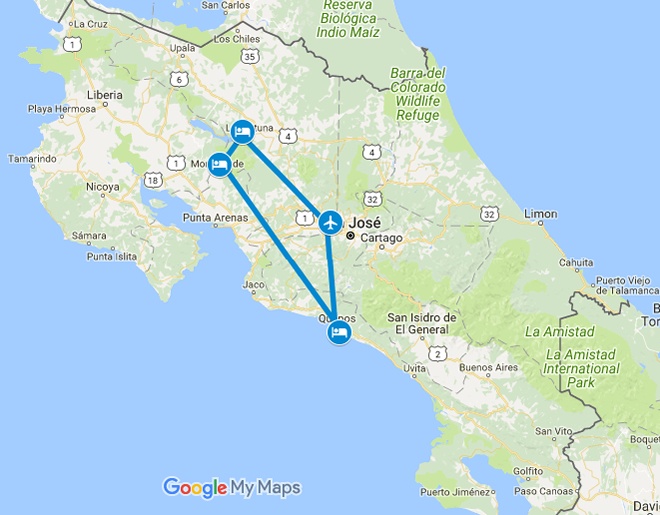 Costa Rica Highlights Family Getaway Map