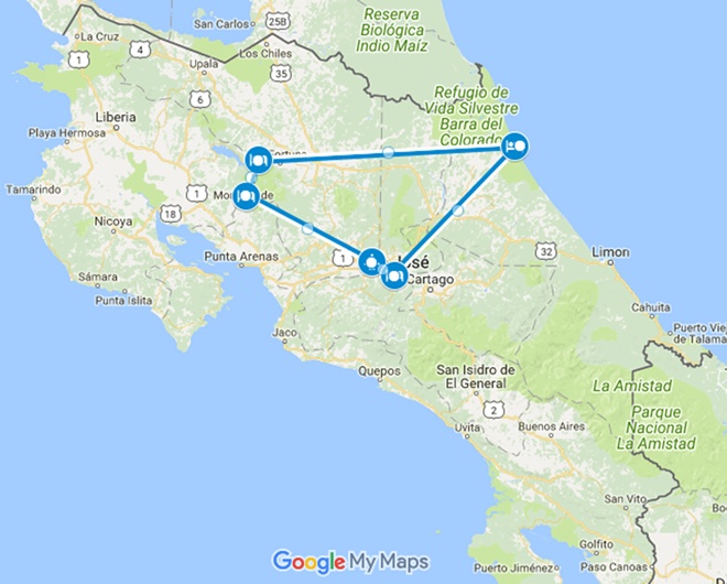 Costa Rica Safari Vacation Package Map