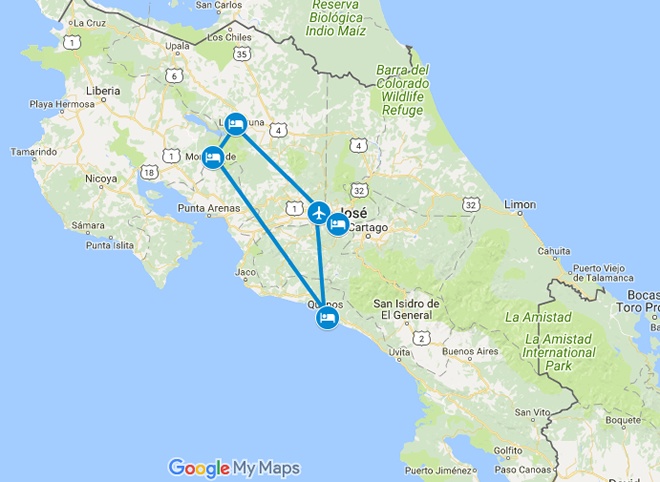 Pura Vida Best of Costa Rica Family Vacation Map